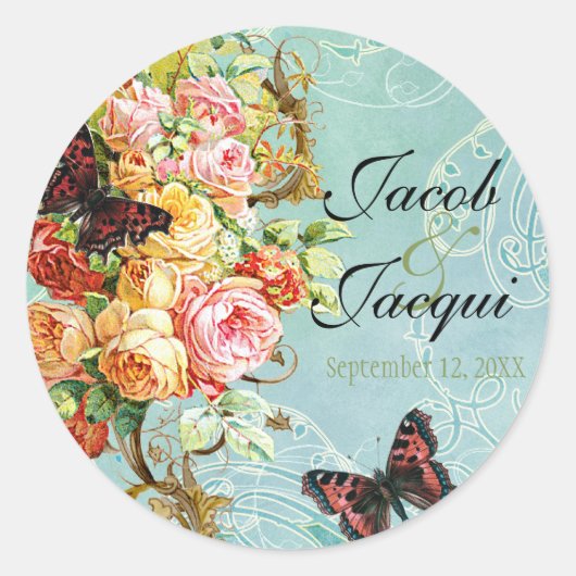 Vintage Rose Rose Schmetterling Schmetterlinge Wir Runder Aufkleber (Vorderseite)