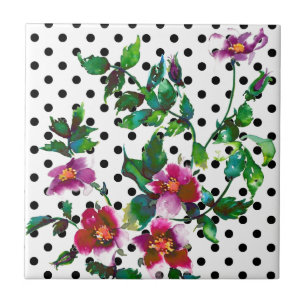Vintage Rose schwarz-weiße Polka-Punkte Fliese