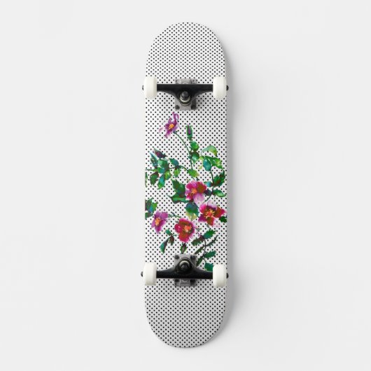 Vintage Rose schwarz-weiße Polka-Punkte Skateboard (Vorderseite)