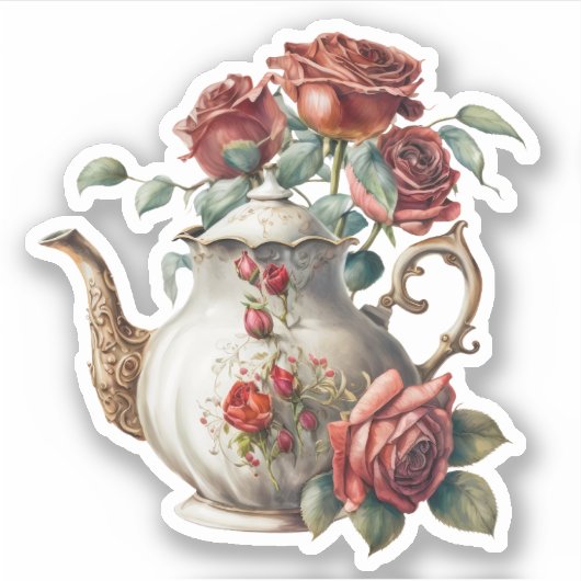 Vintage Rose Teapot Aufkleber (Vorderseite)