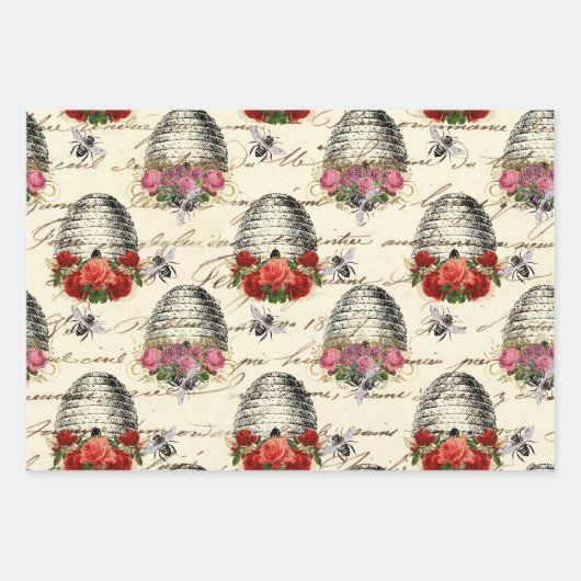 Vintage Rose und Biene Geschenkpapier Set (Vorderseite)