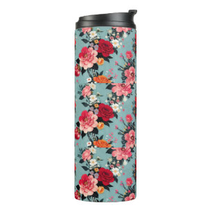 Vintage Rose und Florals auf blauem Hintergrund Thermosbecher