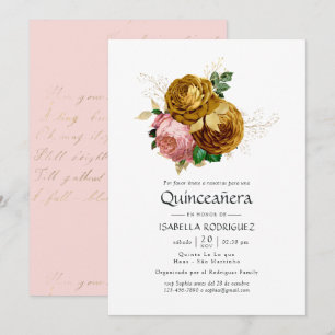 Vintage Rosé und Goldene Florale Spanische Quincea Einladung
