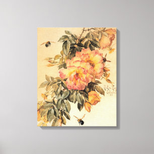Vintage "Rose und Hummeln" Leinwanddruck