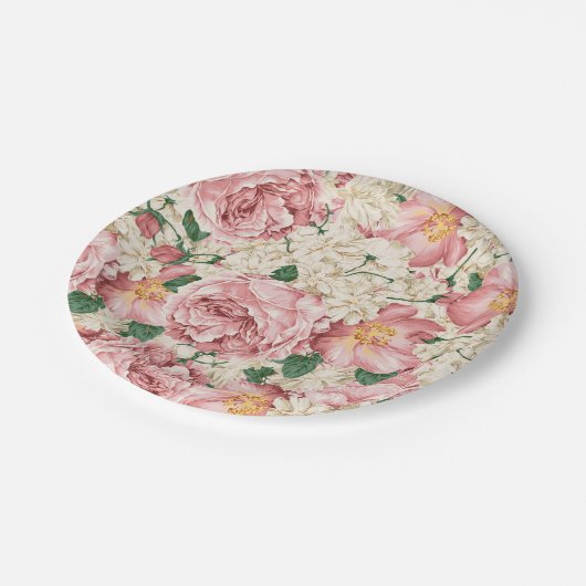 Vintage Rose und Hydrangea-Muster Pappteller (Schrägansicht)