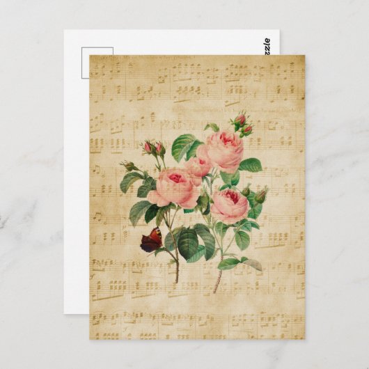 Vintage Rose und Musikblatt Postkarte (Vorne/Hinten)