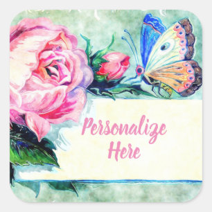 Vintage Rose und Schmetterling in Rosa Quadratischer Aufkleber