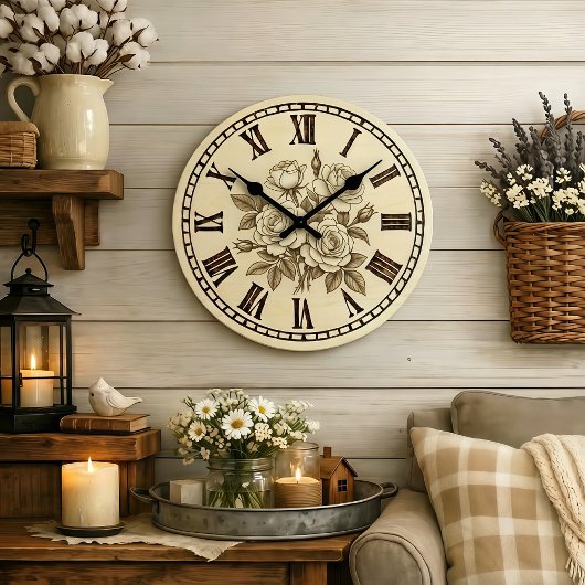 Vintage Rose Wall Clock  Große Wanduhr