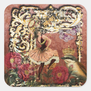 Vintage Rose Zigeunertänzerin Französische Collage Quadratischer Aufkleber