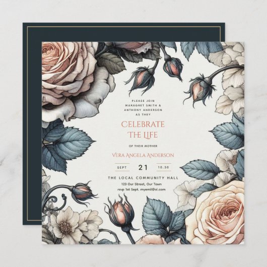 Vintage Rose zum Gedenkgedicht des Lebens Einladung (Vorne/Hinten)