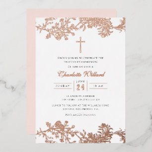 Vintage Roségold Kreuz Mädchen Erste Kommunion Folieneinladung