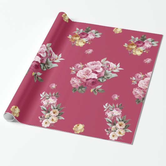 Vintage Rosen auf Rosa Geschenkpapier (Ungerollt)