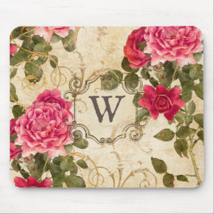 Vintage-Rosen-Blumen-Rot-Rosa-Damaskus-Monogramm-N Mousepad