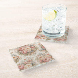 Vintage-Rosen-Blumenmuster Elegantes Pastell Glasuntersetzer