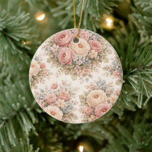 Vintage-Rosen-Blumenmuster Elegantes Pastell Keramik Ornament