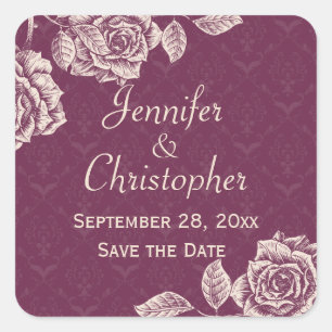 Vintage-Rosen Creme auf Magenta Save-the-Date Quadratischer Aufkleber