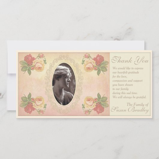 Vintage Rosen-danken ovales Foto-Rahmen-Beileid Dankeskarte (Vorderseite)