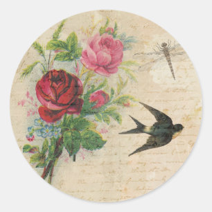 Vintage Rosen Elegantes Florales Vogel Libelle Chi Runder Aufkleber