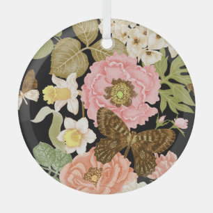 Vintage-Rosen-Pfingstrosen: Schwarzes Blumenmuster Ornament Aus Glas
