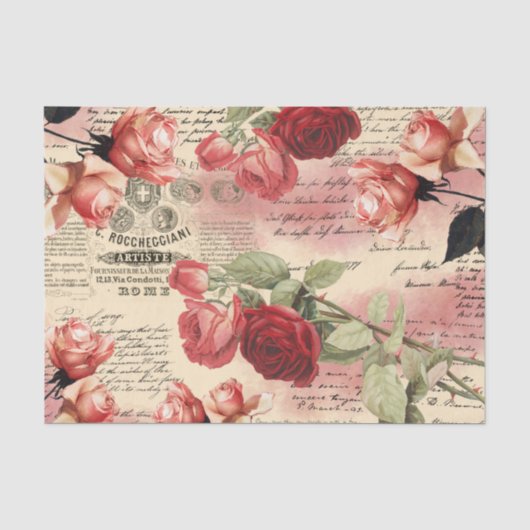 Vintage-Rosen-Script Rosa Hauch Ephemera Seidenpapier (Vorderseite)