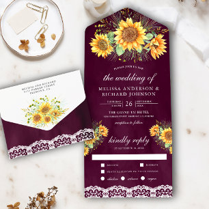 Vintage-Rosen-Sonnenblumen-Brautstrauß Pflaume Hoc All In One Einladung