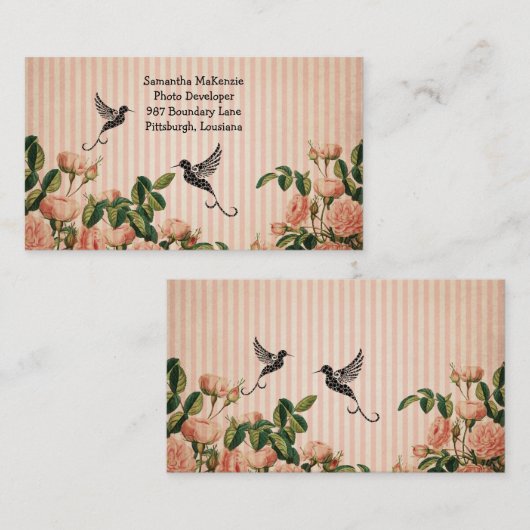 Vintage Rosen u. künstlerischer Kolibri Visitenkarte (Vorne/Hinten)