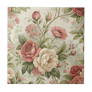 Vintage-Rosen- und Creme-Blumen-Botanik-Muster-Kun Fliese