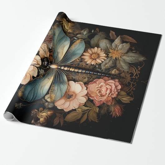 Vintage Rosen und Libelle Geschenkpapier (Ungerollt)