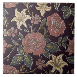 Vintage-Rosen- und Lilienblüten auf tiefem Pflaume Fliese