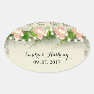 Vintage-Rosen- und Spitzen-Hochzeitseinladungsaufk Ovaler Aufkleber