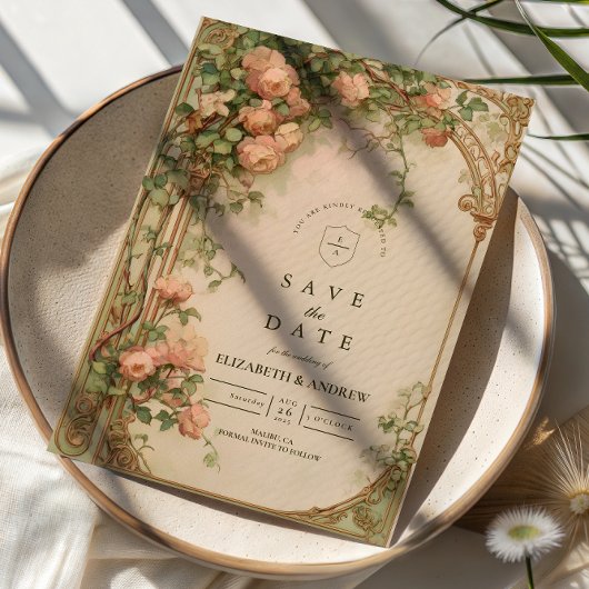 Vintage Rosenbogen-Hochzeit Save The Date