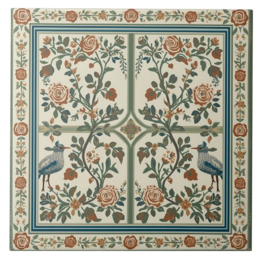Vintage-Rosengarten-Vogel-Randmuster Fliese (Vorderseite)