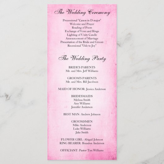 Vintage Rosenhochzeit Programm (Rückseite)