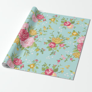 Vintage-Rosenstrauß im Blumenmuster in Türkis Geschenkpapier