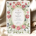 Vintage Roses Watercolor Wedding Einladung<br><div class="desc">Celebrate your special day with this elegant wedding invitation suite, featuring a timeless floral design. The front of the invitation showcases a beautiful border of stylized pink Rose blossoms, with delicate green leaves and blue foliage accents, all gracefully framing the invitation text. The blooms, reminiscent of dogwood or a similar...</div>