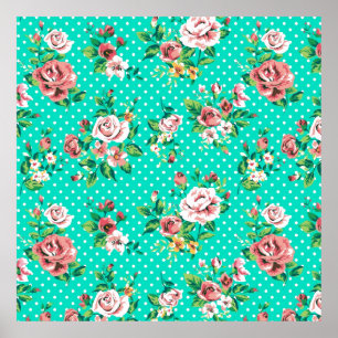Vintage Roses White Polkadots Whimsical Pattern Poster