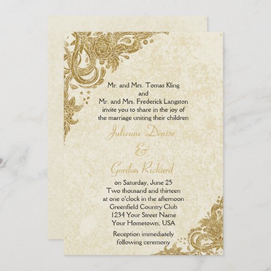 Vintage Rosetten aus Gold bei Cream Wedding Einladung (Vorne/Hinten)