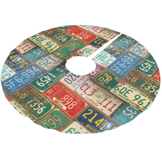 Vintage rostige Nummernschilder Polyester Weihnachtsbaumdecke (Schrägansicht)