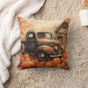 Vintage-Rostiger Pickup und Kürbisse Herbst Kissen