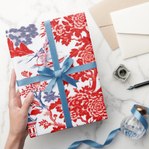 Vintage Rot Blau Chinoiserie Delft Blumenmuster Geschenkpapier
