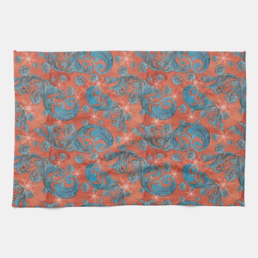 Vintage Rot-Blau-Scrolls mit Schneeflocken Geschirrtuch (Horizontal)