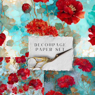 Vintage-Rot-Blumen-Decoupage-Papierset  Geschenkpapier Set