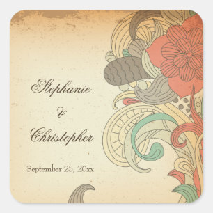 Vintage Rot-Braun-Wirbel Hochzeitsaufkleber Quadratischer Aufkleber