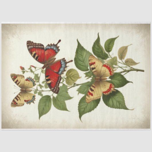 Vintage Rot-Gelb-Schmetterlinge Dekoupage Seidenpapier (Vorderseite)