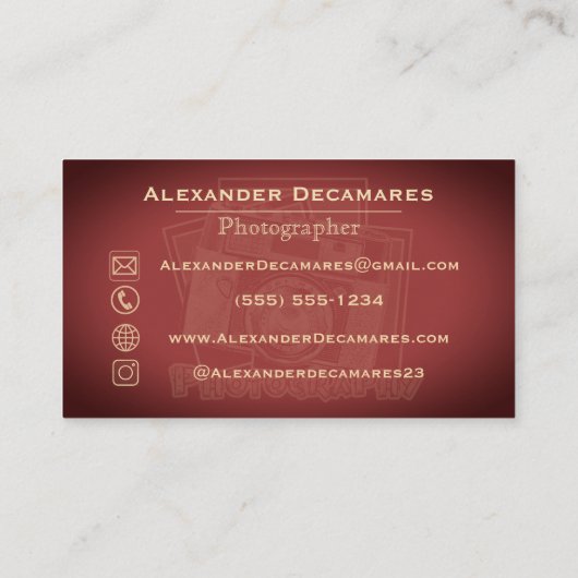 Vintage Rot-Gold-Fotografen-Kamera Visitenkarte (Rückseite)