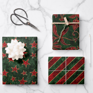 Vintage Rot, Grün und Gold Feiertags-Samt-Weihnach Geschenkpapier Set