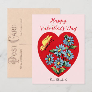 Vintage-Rot-Herz-und-Blumen-Valentinstagskarte Postkarte