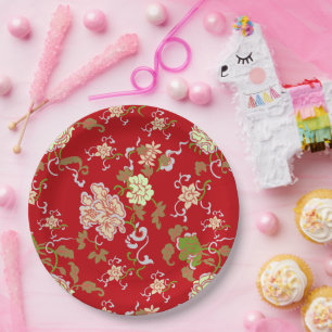 Vintage Rot-Oriental-Blume Dekorative Hochzeit Pappteller