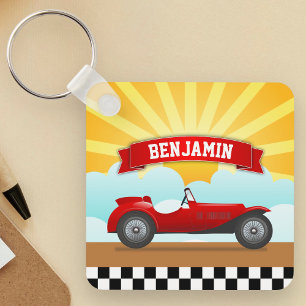 Vintage-Rot-Rennwagen personalisierter Name Kinder Schlüsselanhänger