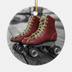 Vintage-Rot-Rollschuhe-Christbaumschmuck Keramik Ornament